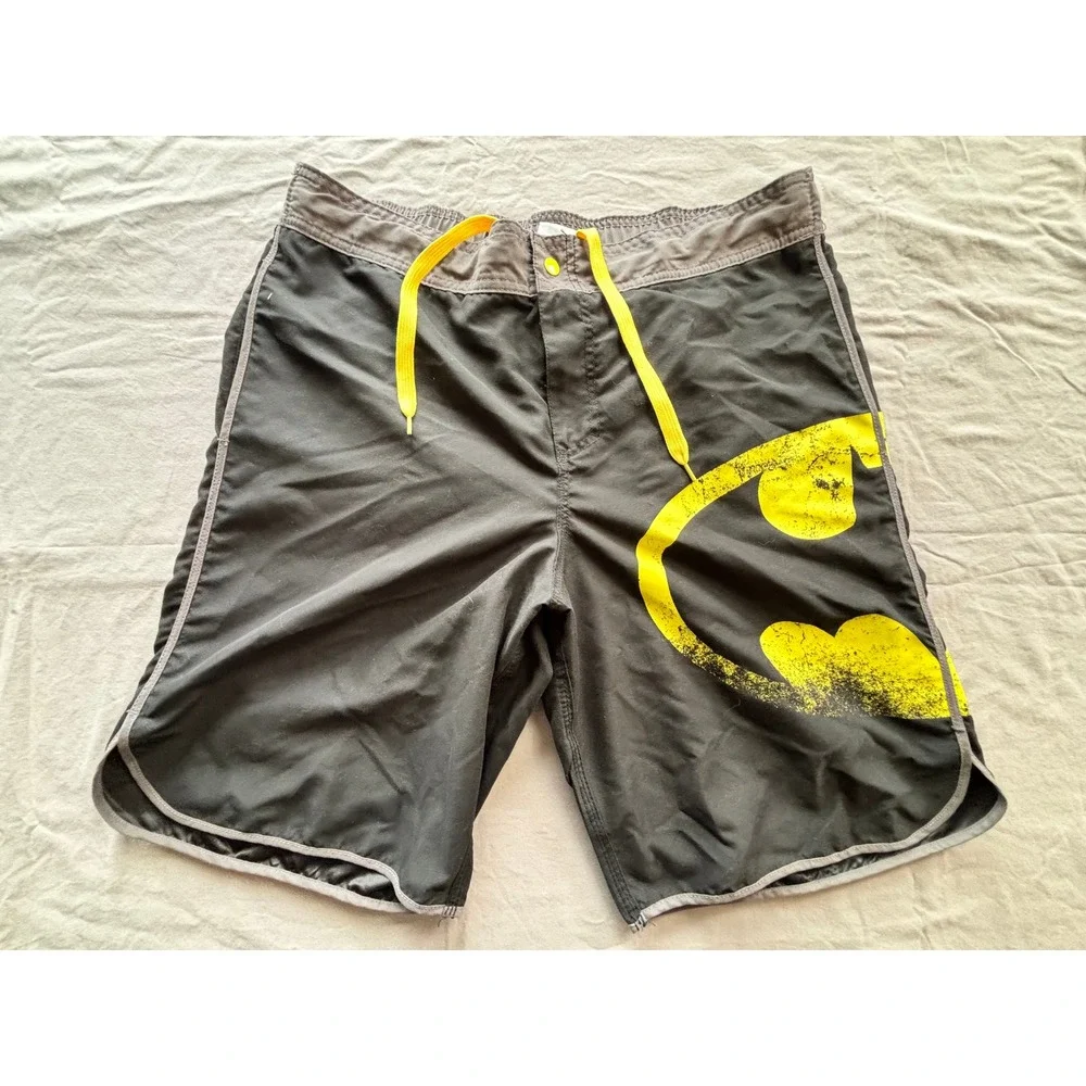 Batman DC Comics Board Shorts Mens XL Black Yellow Distressed Logo Swim Trunks